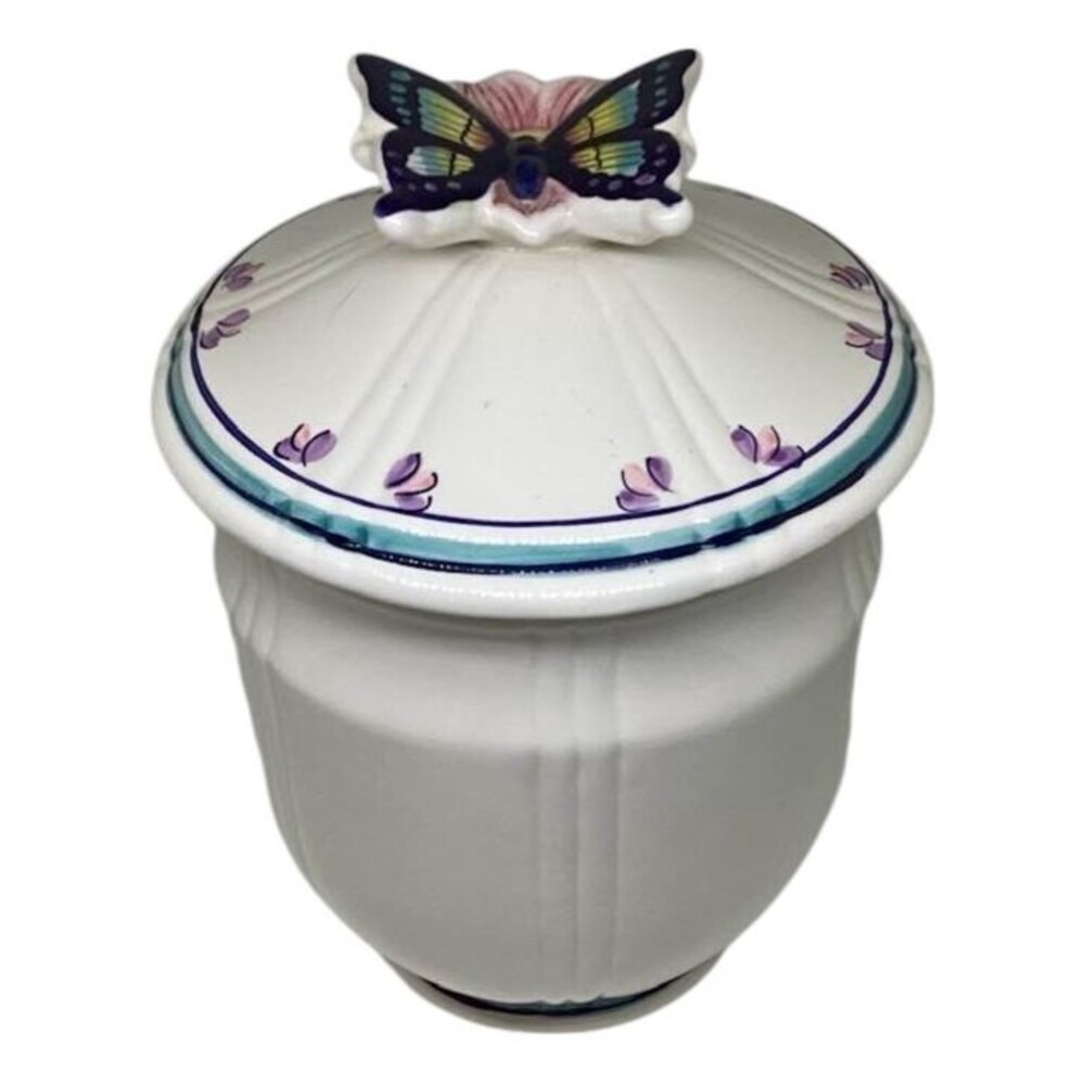 Vintage Butterfly Floral Cookie Jar Canister Ceramic CBK Lid 3D White